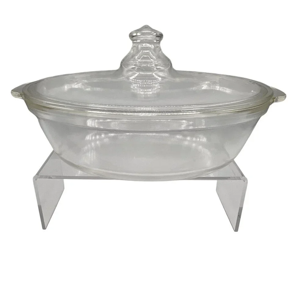 Pyrex 1.5qt Vintage Oval Glass Casserole Dish Etched Silver Plated Footed Holder